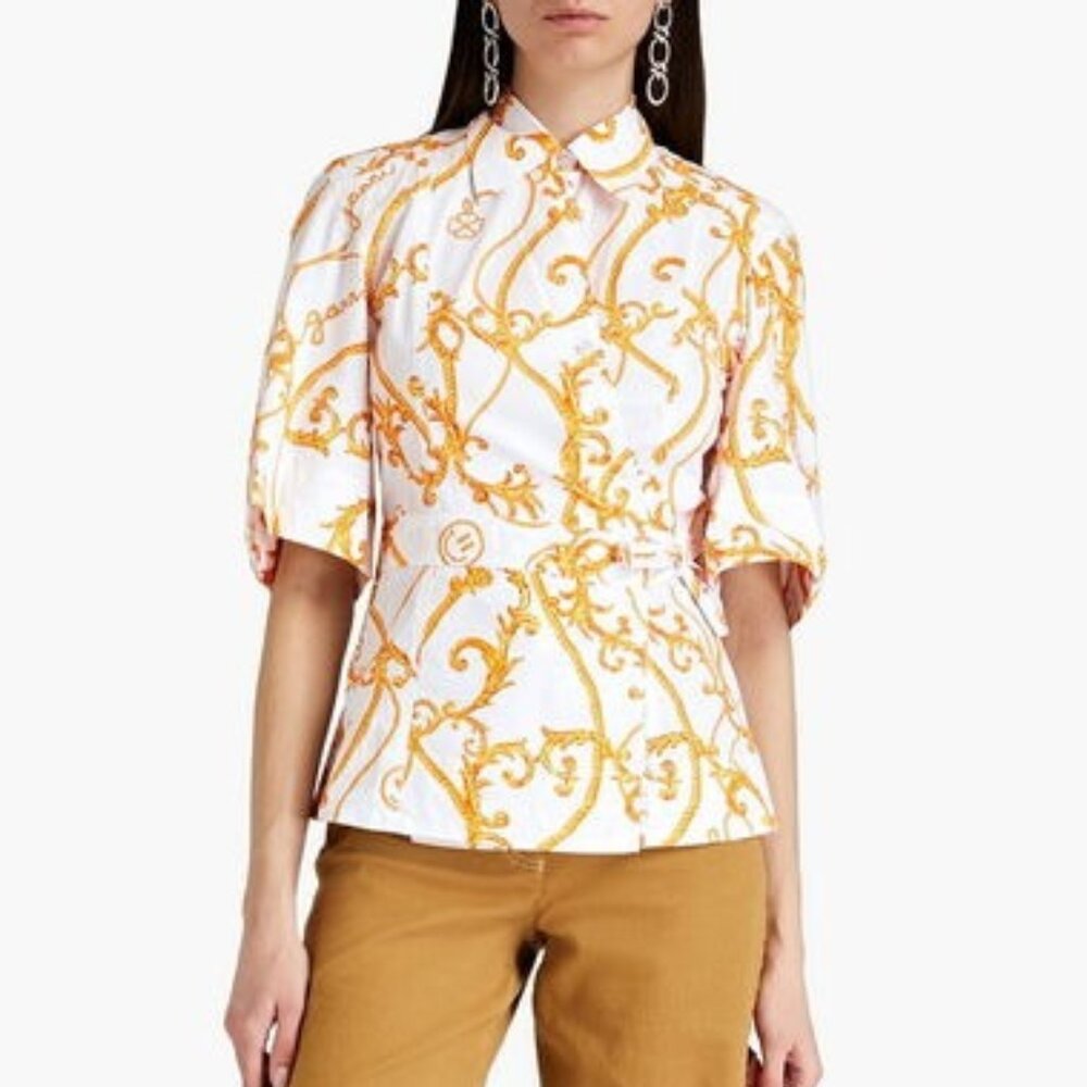 Ganni Asymmetric Wrap Front Top in White and Gold Rope Print Size 6